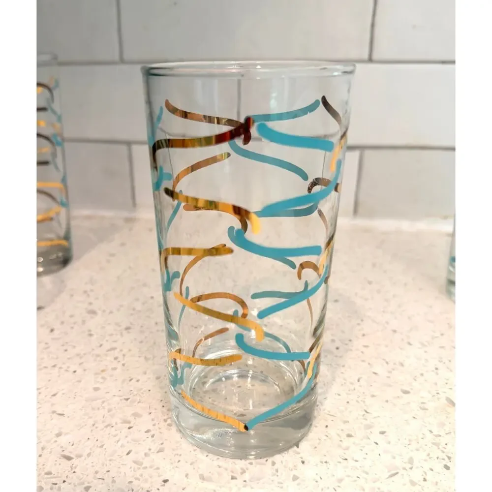 MCM Atomic Squiggle Tumbler Set 8 Ice Bucket Turquoise Gold Vintage Barware 9pc